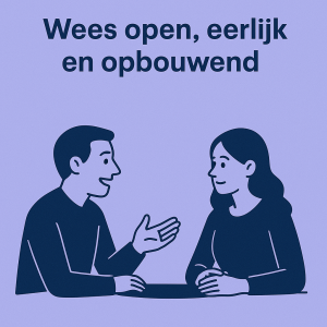 Open en eerlijke communicatie. Een man en vrouw zitten tegenover elkaar aan tafel in gesprek, met open lichaamstaal en een positieve houding.