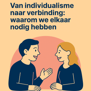 Illustratie van twee mensen in een open gesprek, als symbool voor de overgang van individualisme naar verbinding en wederzijds begrip.