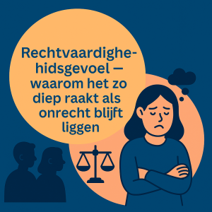 Illustratie van een verdrietige persoon met een denkwolk en een symbool van weegschaal op de achtergrond, als visuele weergave van onrechtvaardigheid en de emotionele impact van onbeantwoorde rechtvaardigheidsgevoelens.