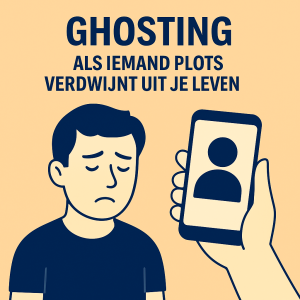 Ghosting – illustratie van iemand die verdrietig kijkt terwijl hij een telefoon vasthoudt met het profiel van iemand die plots verdwijnt.