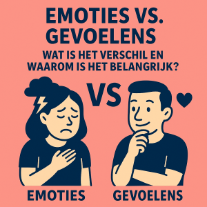 Een illustratie van twee mensen met uiteenlopende gezichtsuitdrukkingen, met bovenaan de tekst: ‘Emoties en gevoelens – wat is het verschil en waarom is het belangrijk?’.
