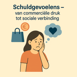 Jonge vrouw kijkt bezorgd met haar hand tegen haar gezicht, omringd door een euro-symbool, boodschappentas en een hart – illustratie bij het thema schuldgevoelens.
