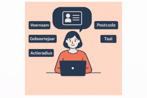 Illustratie van de registratiegegevens bij Hobbypartner: voornaam, postcode, geboortejaar, actieradius en taal