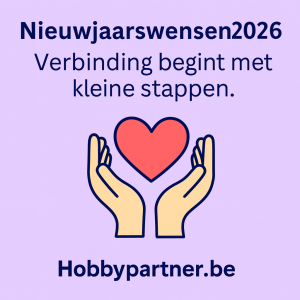 Illustratie met twee handen die een rood hart vasthouden, symbool voor verbinding en warmte. Beeld bij de blog ' Nieuwjaarswensen 2026 – Verbinding begint met kleine stappen op Hobbypartner.be.