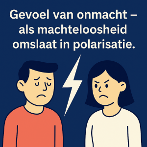 Illustratie van twee silhouetten die tegenover elkaar staan, gescheiden door een bliksemschicht, symbool voor conflict en verdeeldheid. Beeld bij de blog Gevoel van onmacht – als machteloosheid omslaat in polarisatie” op Hobbypartner.be.