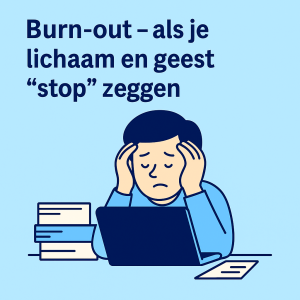 Illustratie van een vermoeide persoon aan een bureau met laptop en stapel papieren, symbool voor stress en burn-out