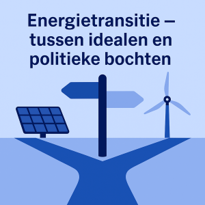 Illustratie van de energietransitie met een weg die zich splitst tussen een windturbine en zonnepanelen, symbool voor keuzes en richting in het energiebeleid