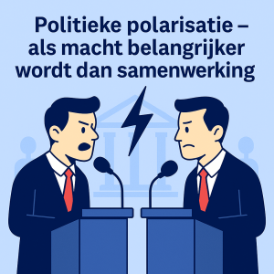Illustratie over politieke polarisatie, met twee politici die tegenover elkaar staan aan een spreekgestoelte en een bliksemschicht tussen hen in als symbool voor verdeeldheid.