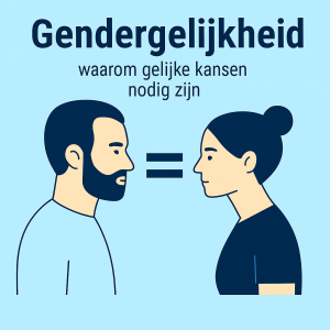Illustratie over gendergelijkheid met man en vrouw tegenover elkaar en een gelijkheidssymbool op lichtblauwe achtergrond