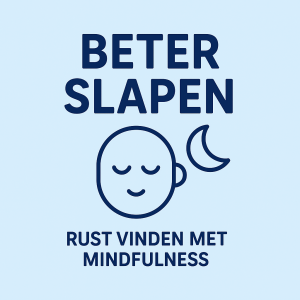 Illustratie over beter slapen: een slapend gezicht met een halve maan op zachtblauwe achtergrond, symbool voor rust en ontspanning door mindfulness