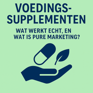 Illustratie over voedingssupplementen: een open hand met een capsule en bladmotief op een lichtgroene achtergrond, symbool voor evenwicht tussen natuur en gezondheid