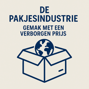 Illustratie over de pakjesindustrie met een open kartonnen doos en een wereldbol, symbool voor wereldwijd online shoppen en de verborgen impact van gemak