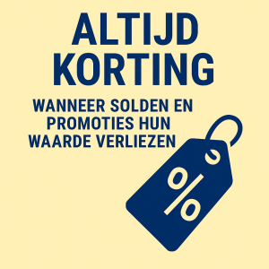 Illustratie over solden en promoties met een geel prijslabel en een procentteken, symbool voor permanente kortingen en consumentengedrag