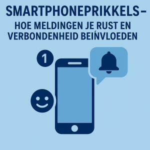 Illustratie over smartphoneprikkels, met een telefoon en meldingsicoon die de invloed van notificaties op rust en verbondenheid uitbeelden.