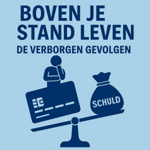 Illustratie over ‘boven je stand leven’ met een weegschaal tussen uitgaven en schuld