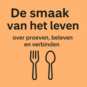 Vork en lepel als symbool voor de smaak van het leven, op lichtoranje achtergrond met zwarte letters