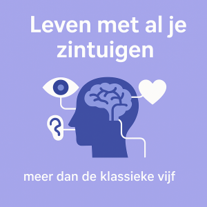 Illustratie over zintuigen: een hoofd met lijnen naar oog, oor, hart en hersenen op een paarsblauwe achtergrond