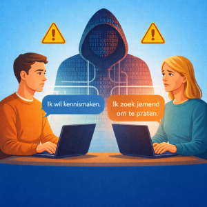 Illustratie van kunstmatig gestuurde contacten op online platforms, waarbij generieke berichten zonder intentie echte verbinding vervangen.